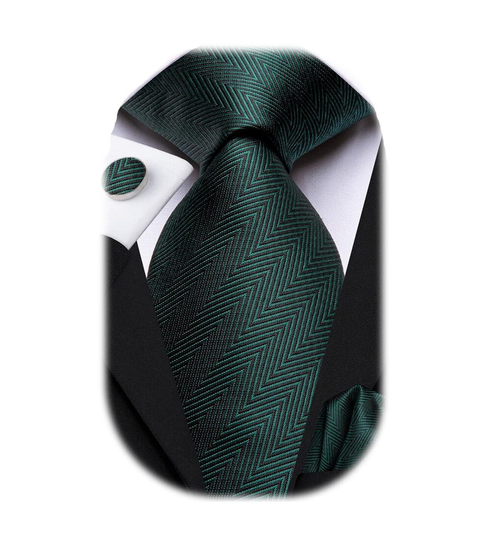 3027 Hunt Green Striped Tie WOVEN Necktie and Handkerchief Cufflinks Set
